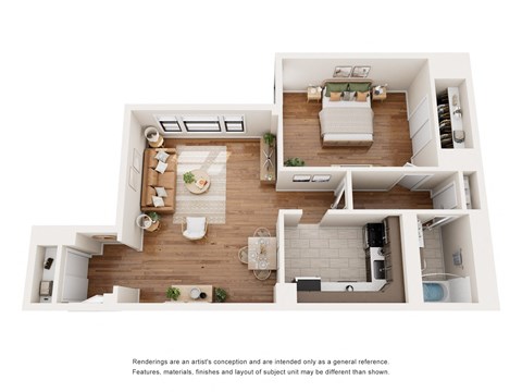 Floor plan for 1 bed, 1 bath, 837 sqft